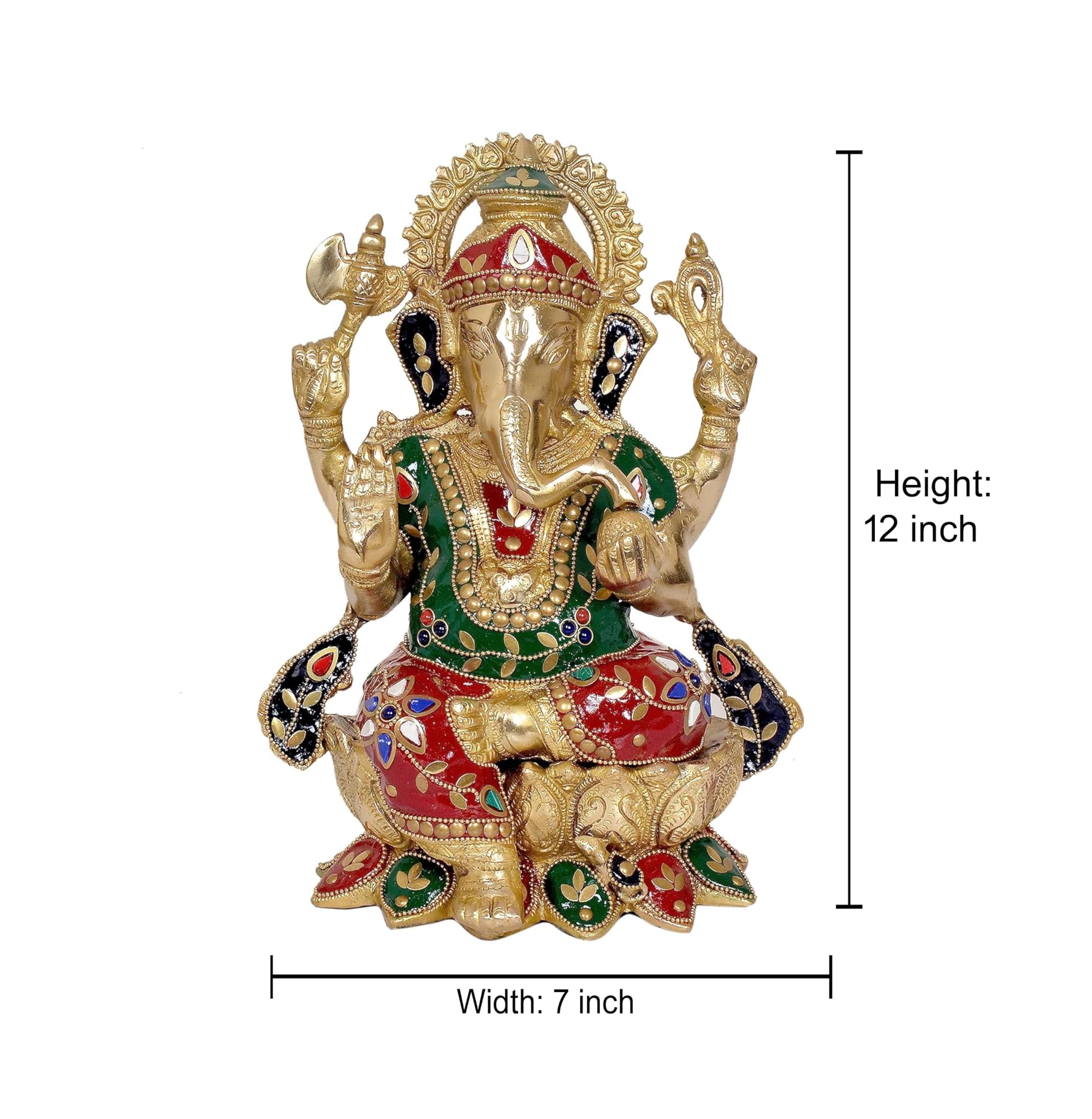 Dattatreya Brass Ganesha Ganesh Statue Idol Murti On Lotus For Home Decor | Height : 12 Inches
